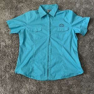Harley Davidson XL Aquamarine Blue Button Front Embroidered Top Shirt Women